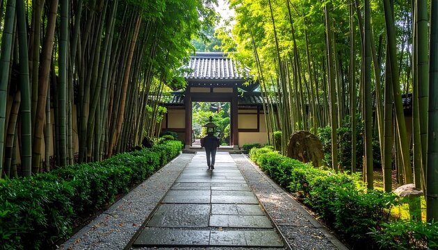 Person walking through a stone pathway amidst bamboo forest toward temple entrance with vibrant green foliage