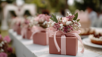 Wedding guest gift setup presentation, heavily defocused celebration background, event favor arrangement, matrimonial reception display, special occasion styling, with copy space