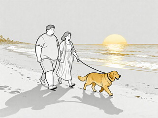 Couple Walking Golden Retriever on Beach at Sunset