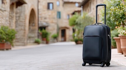 Vintage suitcase on sunny street with blurred old town background, capturing the essence of travel and adventure
