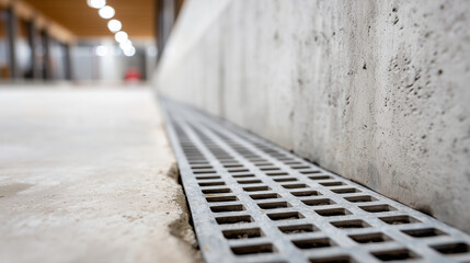 Drainage channel system installed along basement perimeter floor edge, subtle grate visible, clean unfinished basement, architectural detail shot highlighting professional waterpro