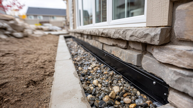 Installation of basement window well drainage system with gravel and drain pipe, exterior foundation detail, daylight scene, realistic residential environment, focus on water diver