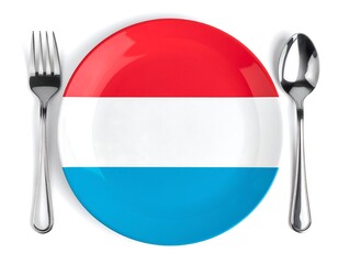 Plate painted in flag colours, a silver fork and spoon lie either side of the plate on a plain white background