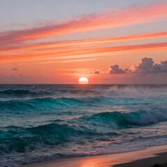 Vibrant Sunset Over Turquoise Ocean Waves
