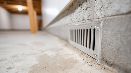 Drainage channel system installed along basement perimeter floor edge, subtle grate visible, clean unfinished basement, architectural detail shot highlighting professional waterpro