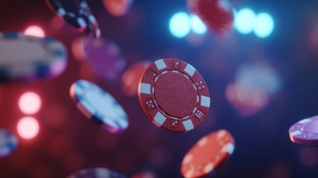 Poker chips float in mid-air with colorful neon lights in the background. The scene captures the motion freeze effect with bright blues and purples. A shallow depth of field enhances the details