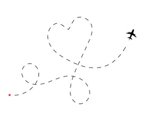 Minimalist black airplane flying a whimsical dashed line path creating a romantic heart shape and looping journey on a clean white background