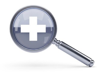 Magnifying glass tool displays a white cross symbol against a glossy grey background