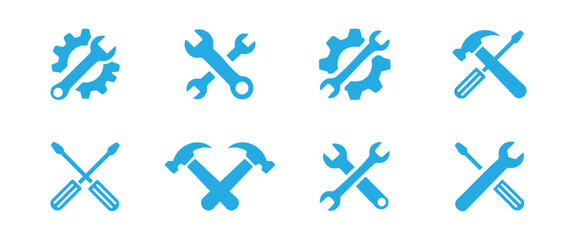 Collection of various wrench and spanner silhouettes, perfect for tool, repair, and engineering themes. repair and maintenance tool icons with wrench gear hammer and screwdriver silhouette vector illu