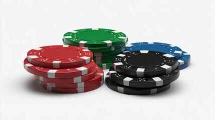 Floating poker chips in red, green, blue and black arranged in a flat lay. Chips have crisp edges and high detail, enhancing their appearance on a transparent background