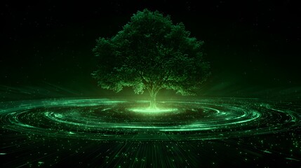 Mystical Glowing Tree of Life on Futuristic Platform.