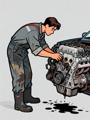 Mechanic Repairing Car Engine with Oil Spills