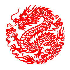 [Vector EPS]Red Chinese dragon paper-cut art with cloud patterns