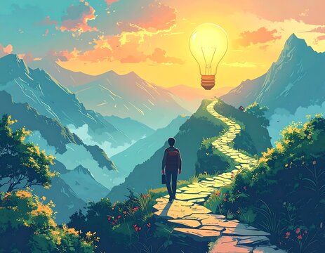 Person walks mountain path toward glowing bulb under colorful sky
