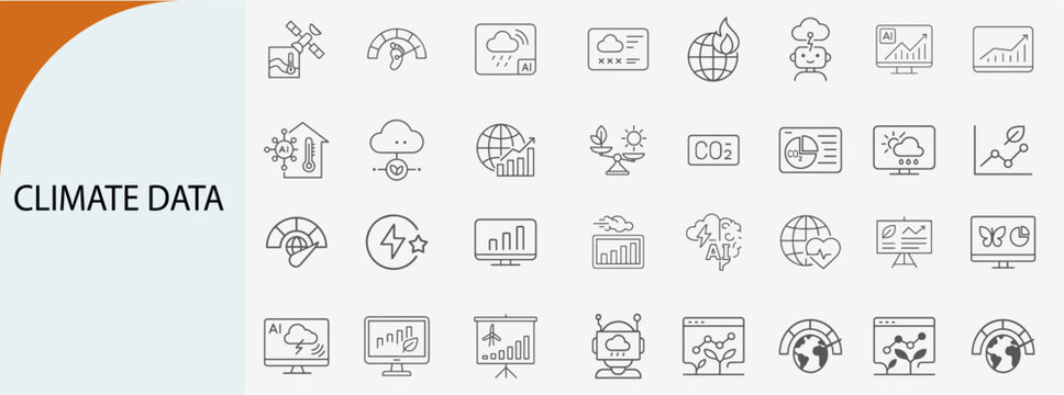 climate data icon set with weather analytics and environmental monitoring, minimal line vector design