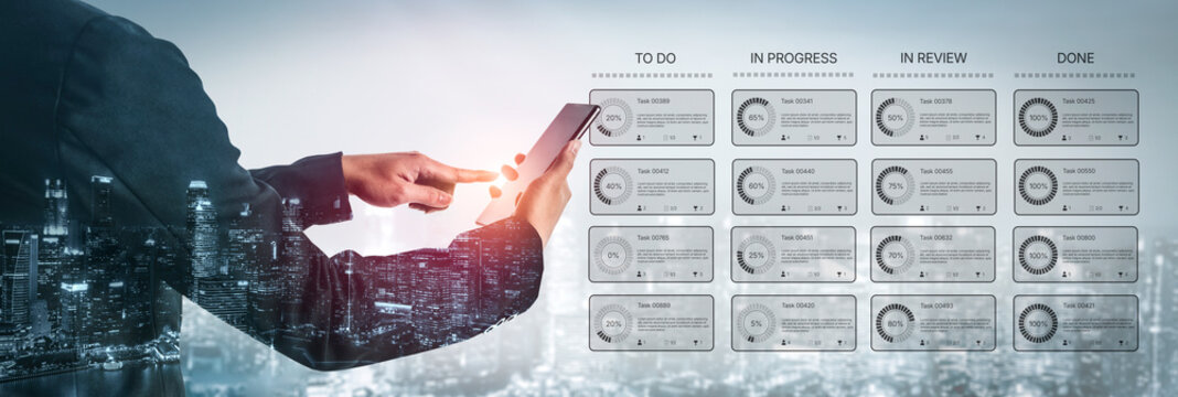 Task management tool dashboard showing kanban-style workflow with columns for to do, in progress, in review, and done, including task cards, progress, and team icons Vouch