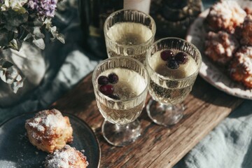 Three crystal glasses filled with a drink sit on a wooden table. Nearby, there are snacks and flowers, all arranged for a birthday celebration in a lively atmosphere