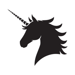 Silhouette of a majestic unicorn head with a spiraling horn and flowing mane