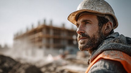Under the intense sun, construction workers diligently labor on a bustling site, bringing a new building to life with determination and craftsmanship in every detail