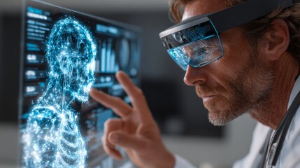 Medical professional uses advanced augmented reality headset to analyze holographic 3D human anatomy model for innovative patient care and research.