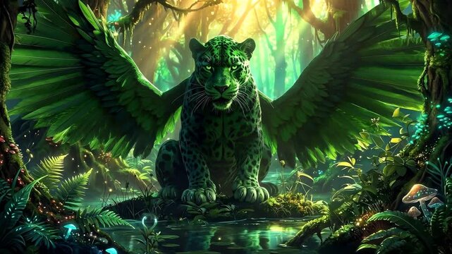 imposanter gr&uuml;ner Panther sitzt auf einem Stein im Dschungel  bewegt seine Fl&uuml;gel - Video