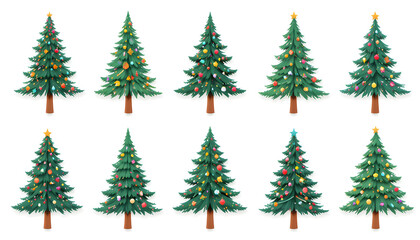 Obraz premium Eight decorated Christmas trees with colorful ornaments and stars on white background
