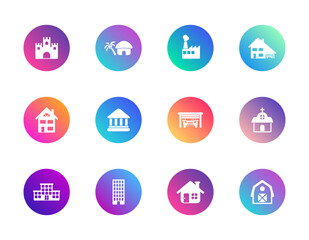 Fototapeta premium Architecture, buildings, structures. Vector set of 12 round gradient icons featuring house, barn, church, and factory for urban, real estate, and planning UI design.