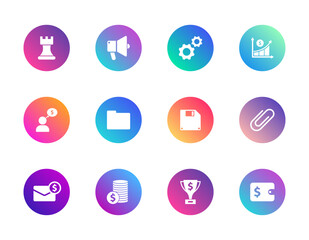 Fototapeta premium Business, finance, productivity. Vector set of 12 round gradient icons featuring wallet, chart, gears, and envelope for corporate UI, planning, and strategy design.