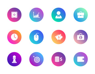 Finance, business, strategy. Vector set of 12 round gradient icons featuring wallet, chart, safe, and briefcase for corporate UI, planning, and productivity design.