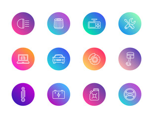Automotive parts, tools, diagnostics. Vector set of 12 round gradient icons featuring piston, battery, laptop, and steering wheel for car repair, garage, and UI design.