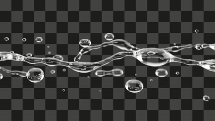 Horizontal splash of clear water liquid stream, dynamic wave shape with floating droplets and bubbles, transparent realistic 3D rendering background element