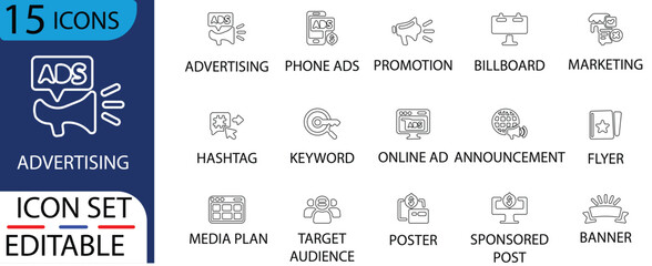 Advertising line icon set. Containing marketing,flier,newsletter, conversion, billboard, promotion, advertisement and more. Outline vector icons collection.