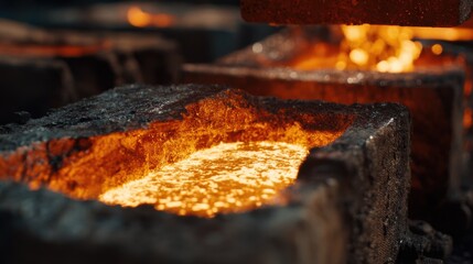 Closeup medium shot of sand casting process capturing gritty texture and rough mold edges with glowing metal flow
