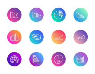 Charts, data visualization, analytics. Vector set of 12 round gradient icons featuring pie chart, scatter plot, and bar graph for business, science, and UI design.