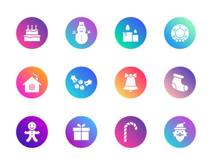 Christmas, winter holidays, celebration. Vector set of 12 round gradient icons featuring cake, snowman, gift, and Santa for festive UI, greeting cards, and seasonal design.