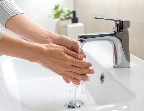 Person washing hands in a bright, clean white bathroom sink with a silver faucet; plant and dispenser in background