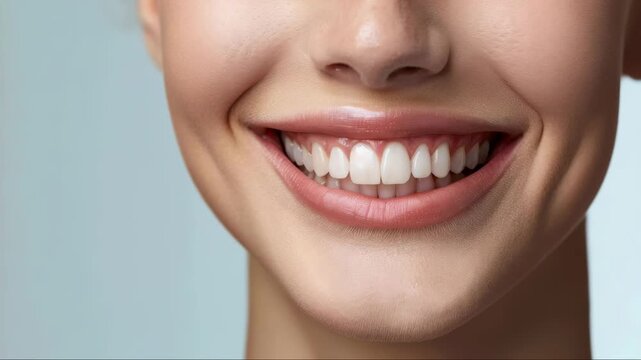 Beautiful woman smiling at camera. Perfect teeth are visible. Clear complexion. Soft lighting.