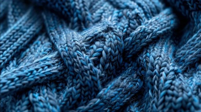 Close-up  of a vibrant blue knitted material with detailed stitches.