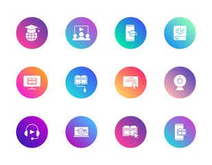 Online education, e-learning, mobile study. Vector set of 12 round gradient icons featuring book, laptop, certificate, and headphones for UI and course design.