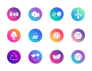 Sustainability, renewable energy, eco awareness. Vector set of 12 round gradient icons featuring EV, solar, recycling, and CO2 reduction for UI and green design.