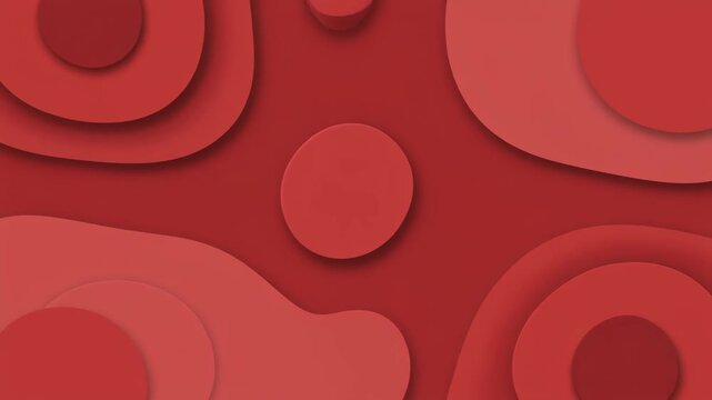 Abstract red background with layered paper cut effect and flowing liquid shapes. Modern animation of topographic map contours with smooth curves and soft shadows creating depth