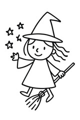 Cute cartoon little girl witch holding a magic wand and broom smiling 