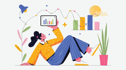 A relaxed woman in yellow shirt and blue pants lies on floor holding tablet with colorful graph surrounded by plants and string lights