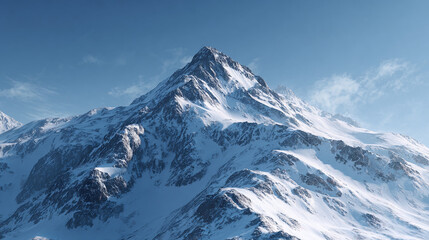 A snow-covered mountain peak against a clear blue sky, evoking a sense of majesty and tranquility. The landscape is dominated by the imposing mountain, its slopes blanketed in pristine snow.
