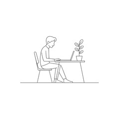 A man in minimalist line art style is focused while working on a laptop at a clean desk with a small plant