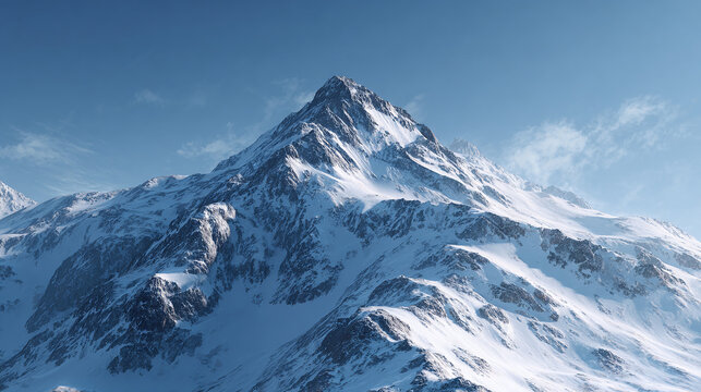 A snow-covered mountain peak against a clear blue sky, evoking a sense of majesty and tranquility. The landscape is dominated by the imposing mountain, its slopes blanketed in pristine snow.