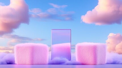 Surreal pink furry cubes and transparent pillar against cloudy sky