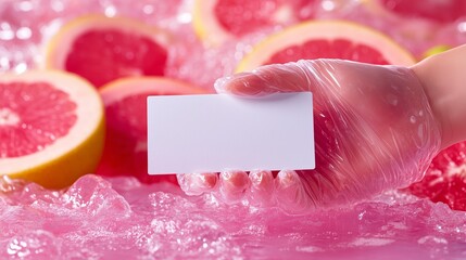 Hand holding blank card with fresh grapefruit slices and ice background