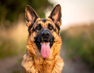 Portrait of a happy, furry, brown and black German Shepherd with tongue out, against soft blurry backdrop