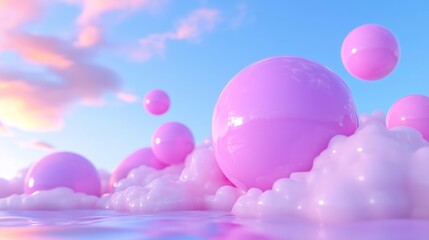 Surreal pink bubbles in dreamy pastel cloudscape against vibrant blue sky